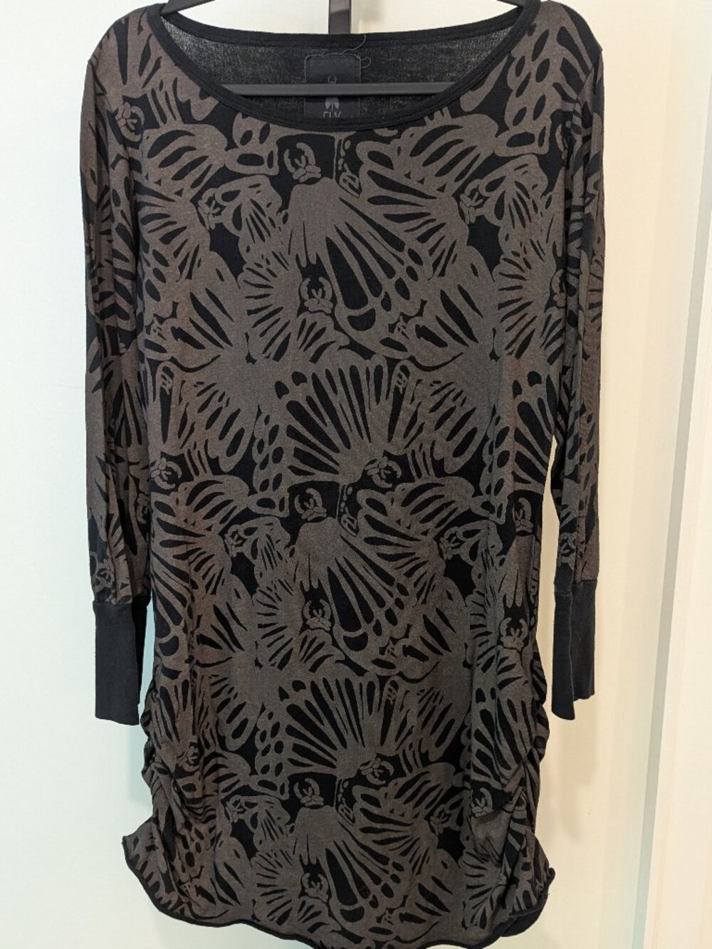 FLY London Fly Print Ruched Dress Black Taupe Artsy Designer | Sz M